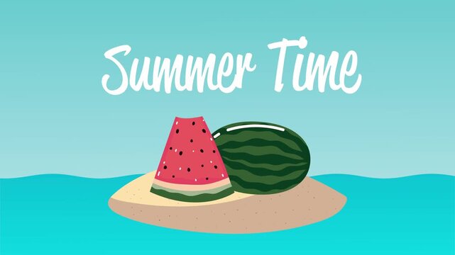 Summer time motion graphic with watermelon on island in blue ocean for seasonal vacation and travel theme.