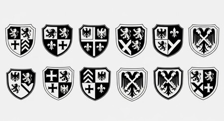 Fototapeta premium Collection of twelve heraldic shields with various symbols.