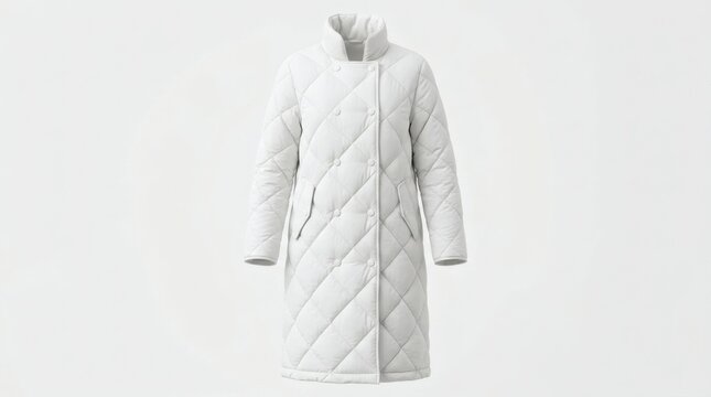 Plain White Women's Longline Puffer Coat Quilted Ghost Mannequin Winter Mockup

