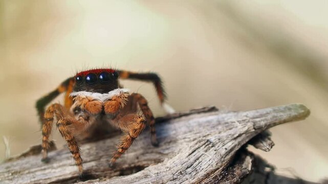 Macro view of a colorful jumping spider cleaning its mouth
