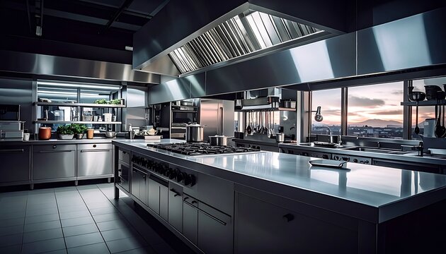 Modern commercial kitchen interior with stainless steel.