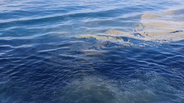 Ocean water surface with oil slick filmed at sea calm waves