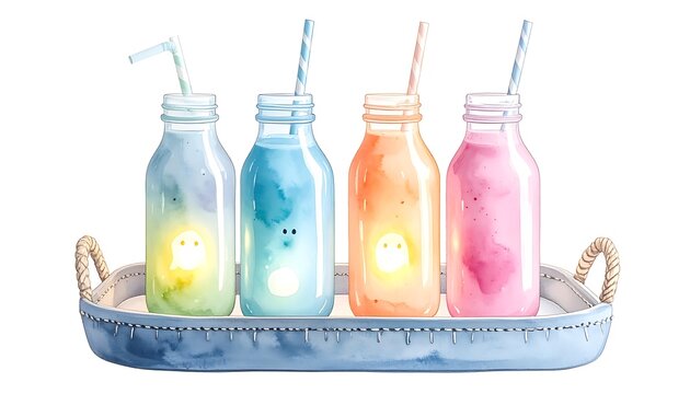 Watercolor illustration of four colorful beverages in glass bottles on a denim tray with straws. Each bottle contains a friendly glowing ghost
