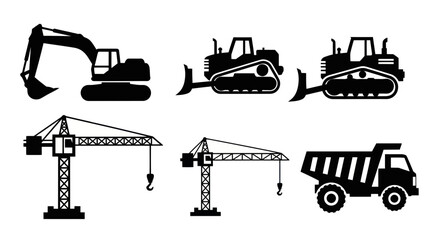 Construction Equipment Icons: Excavator, Bulldozer, Crane, Dump Truck Silhouettes © Jeni