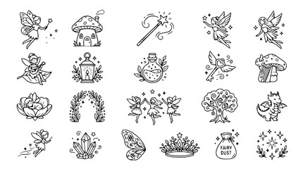 Whimsical Fairy Tale Icons: Fairies, Magic, Mushrooms, Crystals, Dragon