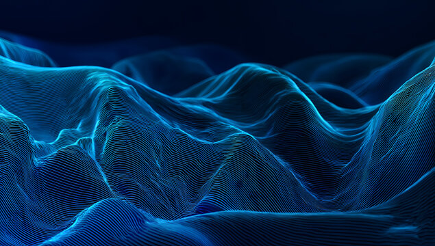 Abstract landscape of blue lines, digital terrain visualization, data mountains with glowing edges, technology concept, science and information backdrop, dark background.