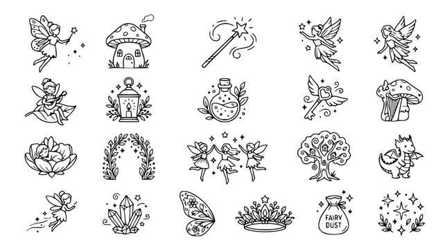 Whimsical Fairy Tale Icons: Fairies, Magic, Mushrooms, Crystals, Dragon