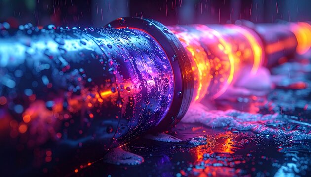 realistic close-up, internal view of a brushed dark chrome pipe, vibrant 