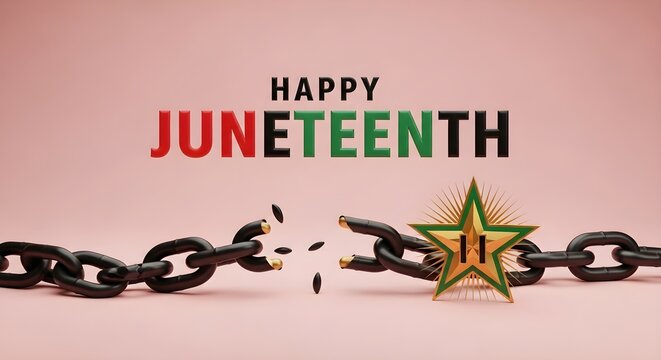 Happy Juneteenth celebration graphic with broken chain and a star on pink background