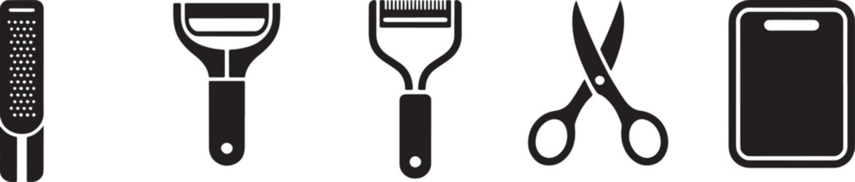 Kitchen utensils: grater, set of 5, peeler, zester, scissors, cutting board vector icons