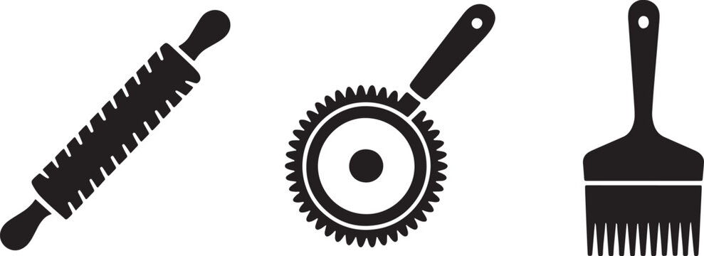 Textured rolling pin, pizza cutter, and basting brush 3 vector kitchen tools silhouette