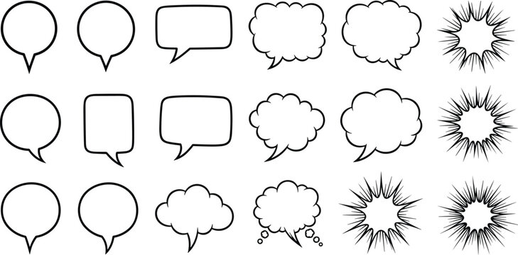Speech Bubble and Comic Burst Icon Set with Chat Balloons, Dialogue Clouds, and Explosion Shapes for Messaging, Comics, and Social Media Design