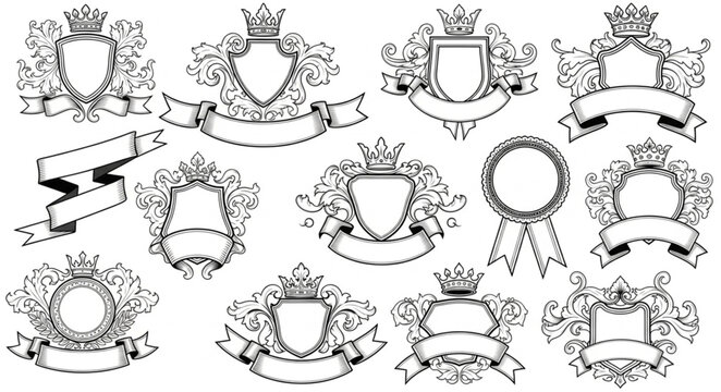 Collection of heraldic crests and banners in vintage style.