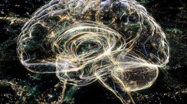 An abstract visualization of a human brain silhouette with intricate, glowing neural pathways on a dark cosmic background.