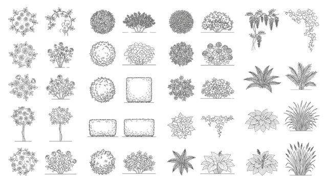 Landscape elements design set: An intricate collection of stylized landscape elements, meticulously illustrated. CAD Blocks Architectural Icon Sheet Vector