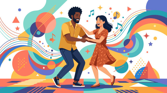 Mixed-race couple dancing together - A diverse couple joyfully dancing together with vibrant abstract music notes and colorful shapes for celebration concept and festive energy