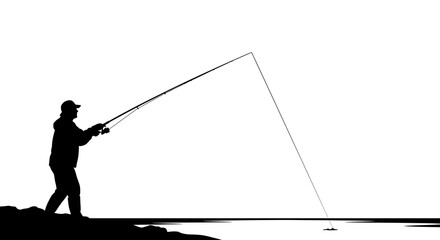 Fisherman stands on a riverbank holding a long rod while fishing in this simple black and white graphic silhouette. © NGLARANGAN