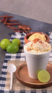 Esquites also known as elote en vaso, is a popular Mexican street snack