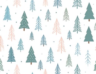 Obraz premium Whimsical illustration features a pattern of colorful, hand-drawn evergreen trees scattered on a white backdrop. Dotted accents included
