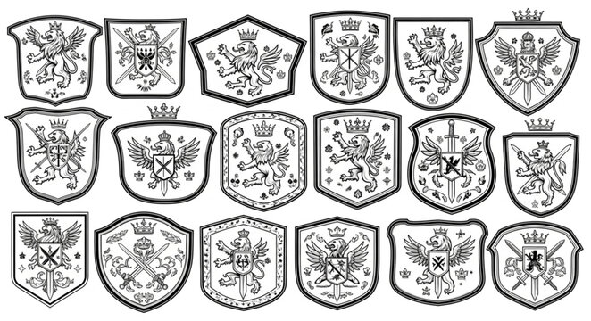 Collection of antique heraldic crests and emblems.