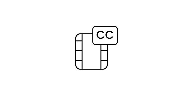A minimal line icon of a film strip with a CC caption badge indicating closed captioning or subtitle support for accessible video content in a media player app