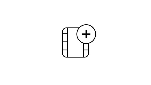 A minimal line icon of a film strip with a plus symbol indicating the action of adding a new video clip or importing media into a project or editing timeline