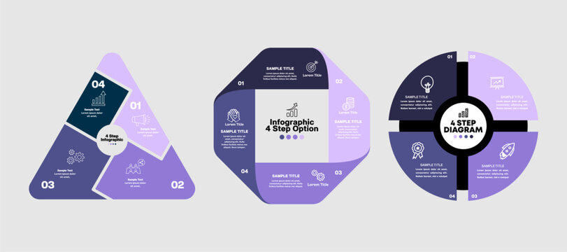 Vector infographic set, triangle, circle, square with 4 step options for presentation, web, poster, process, slide. vector illustration eps