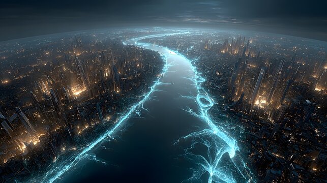 High angle view of a futuristic dark city divided by a glowing blue electrical river or energy stream. Cyberpunk urban landscape.