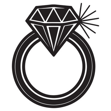 Black and white illustration of a diamond ring with a large faceted gemstone and sparkles on a plain white background  symbol of luxury and commitment