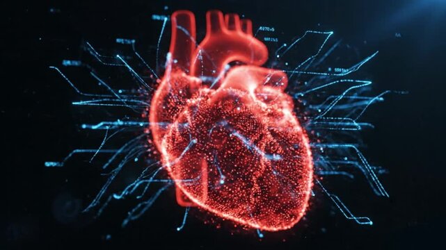 Futuristic glowing human heart with digital HUD interface and medical data analytics on dark background