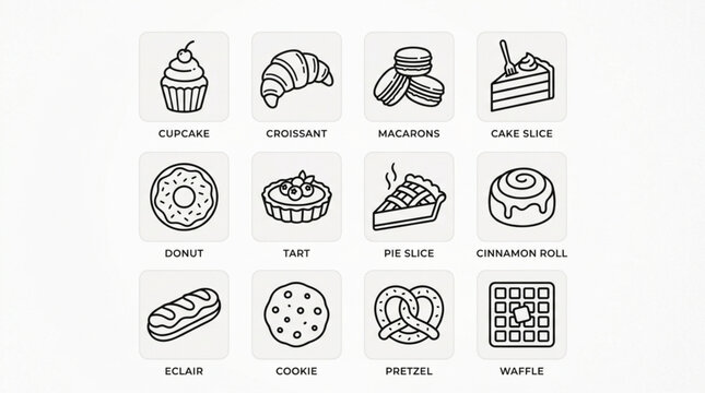 Collection of delicious baked goods and desserts icons.