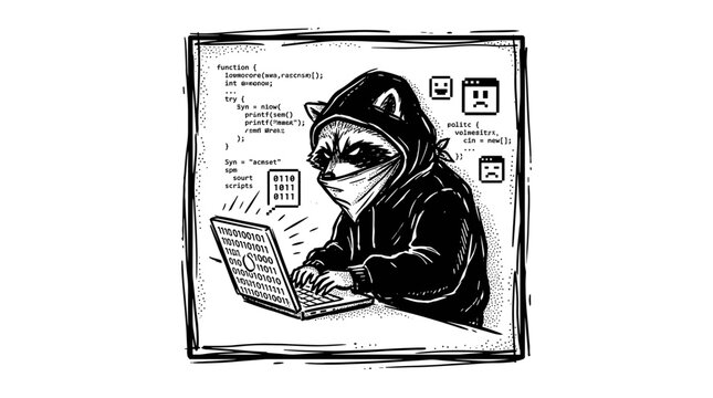 Raccoon hacker wearing a hoodie and bandana typing on a laptop computer.