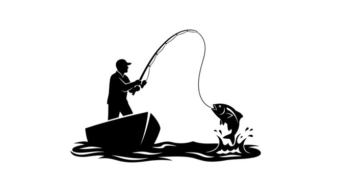Fisherman sitting in a small boat pulls a large fish out of the water with a fishing rod in silhouette.
