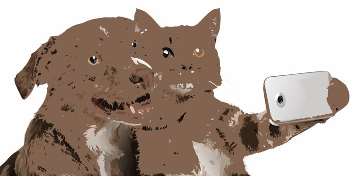 dog and cat taking a selfie digital illustration on white background