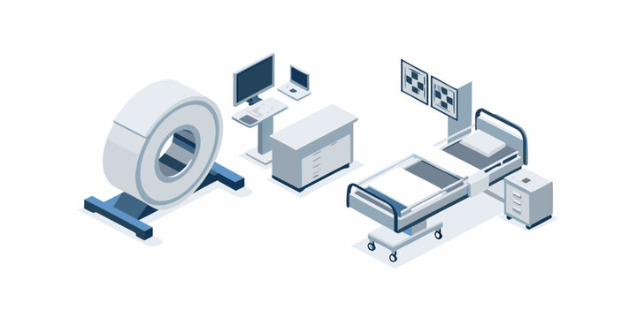 isometric medical equipment including mri machine and hospital bed