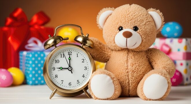Brown teddy bear sitting next to a gold alarm clock with colorful wrapped gifts in the background brown bear