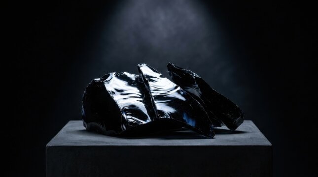 Three large pieces of glossy black obsidian volcanic glass shards with sharp edges and conchoidal fractures resting on a dark concrete pedestal under dramatic overhead studio lighting.