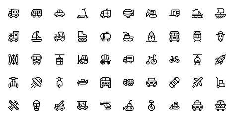 Transport icon set. Minimal thin line vector icons pack. Featuring car, bus, train, ship, airplane, helicopter, excavator, dumper, tractor, submarine and more. © wang