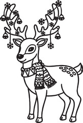Fototapeta premium Festive reindeer with scarf and antlers decorated with snowflakes and bells outline drawing hand drawn white background line art wild animal north pole reindeer christmas snowflake