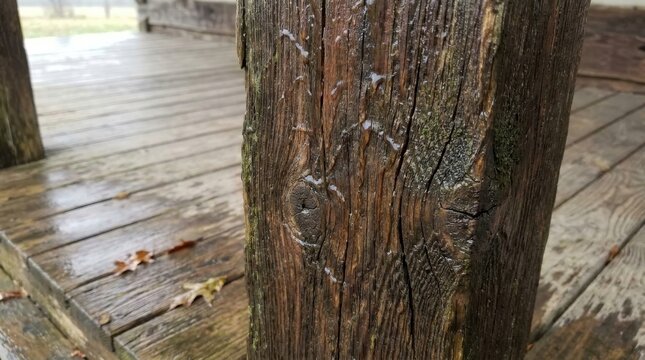 Close-up view of a dark, wet wooden porch post with visible grain and dripping water
