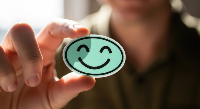 Person holding a green smiley face sticker with a white border hand