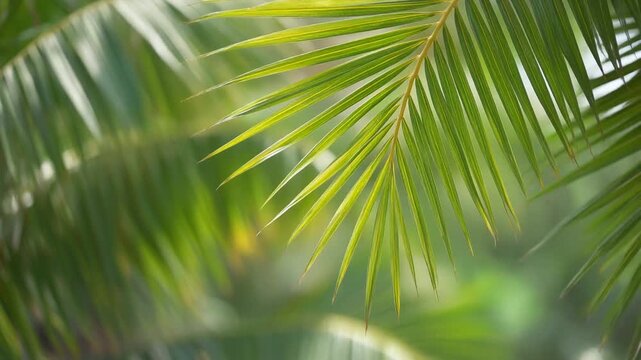 Close-up of vibrant palm fronds bathed in natural light with a beautiful blurred background. A serene, tropical aesthetic perfect for summer and nature-themed designs.