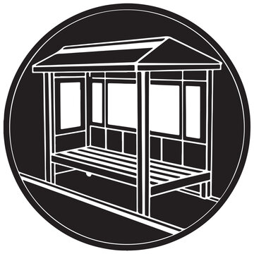 Bus stop shelter with bench and roof in white outline on circular background