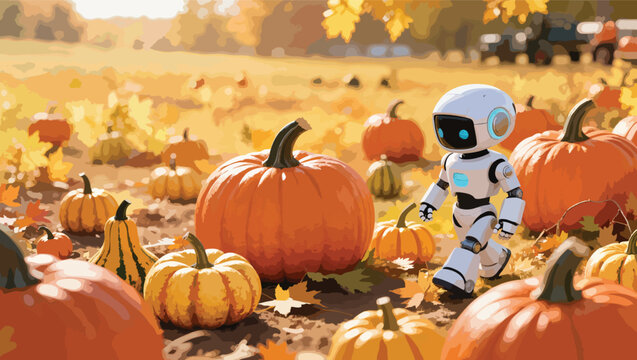 Small white robot with blue glowing eyes walks through a pumpkin patch during autumn robot.
