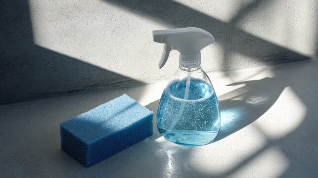 Blue cleaning spray bottle and a sponge on a light surface with natural sunlight shadows