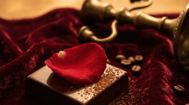 Close-up of a single red rose petal on a piece of dark chocolate dusted with cocoa, resting on luxurious red velvet fabric with scattered coffee beans and a vintage brass candlestick.