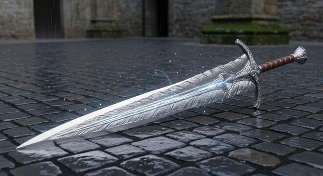 Ornate feathered silver sword glowing on wet courtyard cobblestones Surreal Silliness Wallpaper Background image