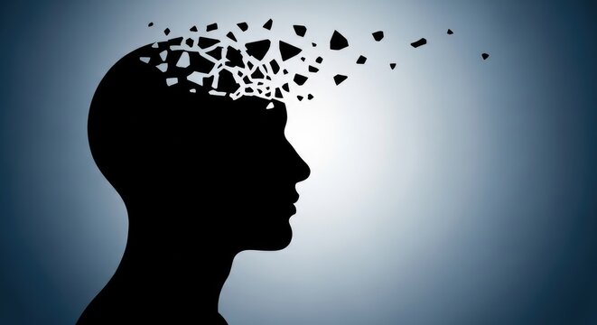 Silhouette of a human head with fragmented geometric shapes dispersing from the fragmentation abstract