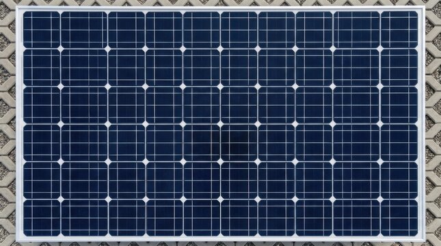 Overhead view of a single monocrystalline solar panel featuring a sixty-cell grid arrangement within an aluminum frame, positioned on a patterned stone walkway surface.