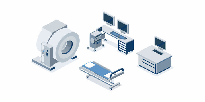 isometric medical equipment set with ct scanner and hospital bed